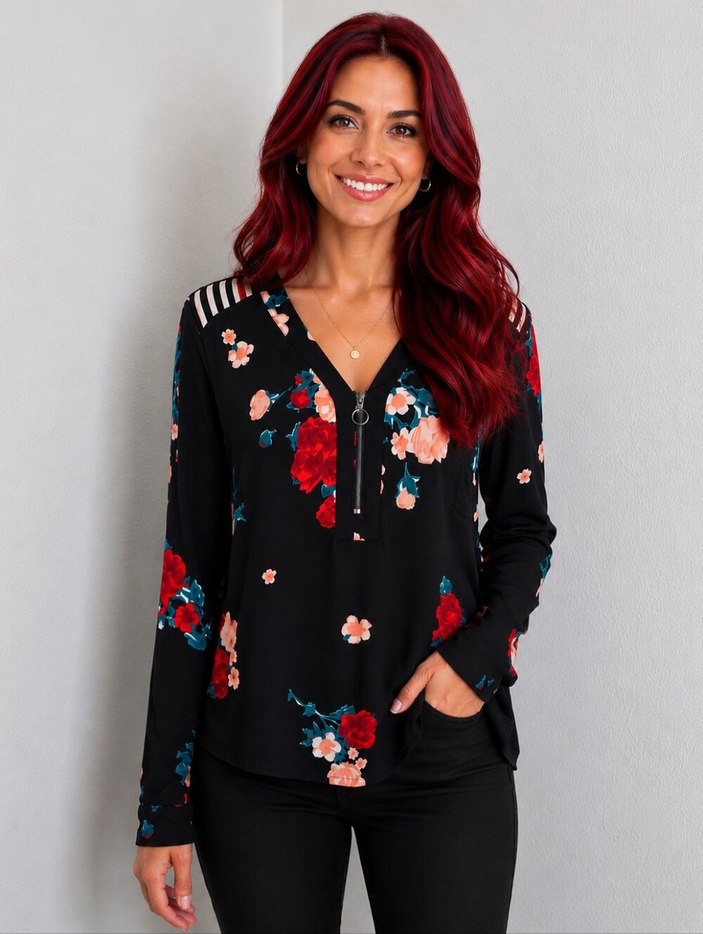 Candie's Black Floral Zip-Front Blouse, Vinted Shoulder Accents, Size Large